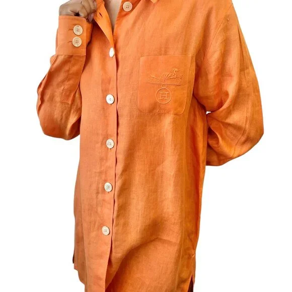 HERMES Vintage H Logo Horse Carriage Embroidery Shirt #36 Orange Button [106322] - Picture 2 of 12